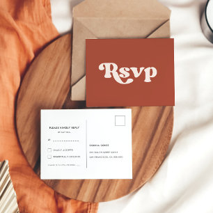 Stylish retro terracotta wedding RSVP Postcard