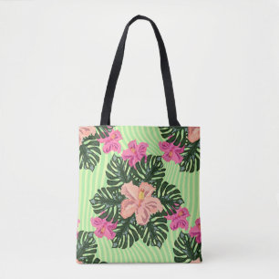 Stylish Retro Tropical Hibiscus & Monstera Floral Tote Bag