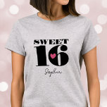 Stylish Retro Typography Sweet Sixteen Black Pink T-Shirt<br><div class="desc">Celebrate a sweet sixteenth with a custom t-shirt! Perfect for the birthday star who loves vintage vibes and bold style. The design features 'Sweet 16' in retro chic typography, overlaid with a love heart. Personalise the template with the teen's name in a trendy script. A cool gift for a teenage...</div>