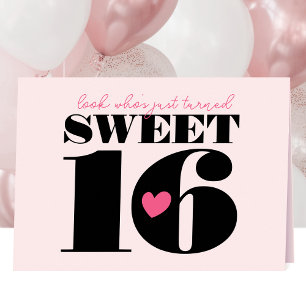 Stylish Retro Typography Sweet Sixteen Pink Black Card