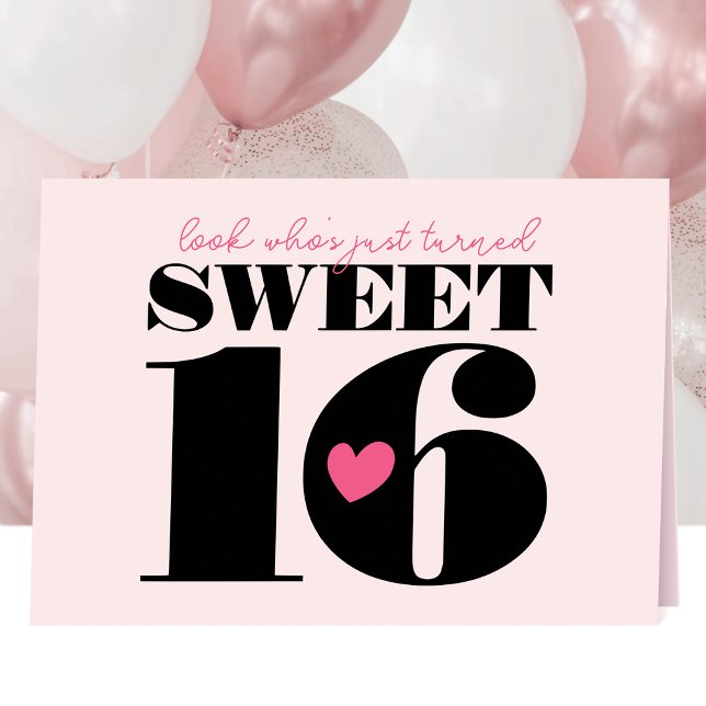 Stylish Retro Typography Sweet Sixteen Pink Black Card (Creator Uploaded)
