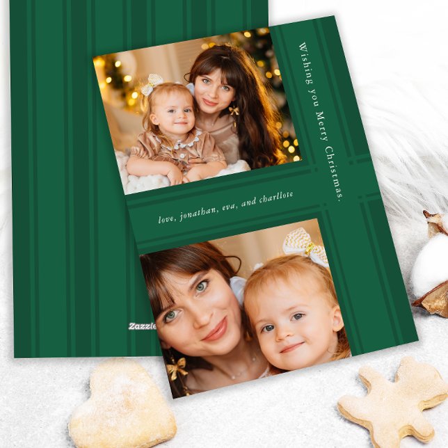 Stylish Ribbons Christmas Green Two Photo Holiday Card (Creator Uploaded)