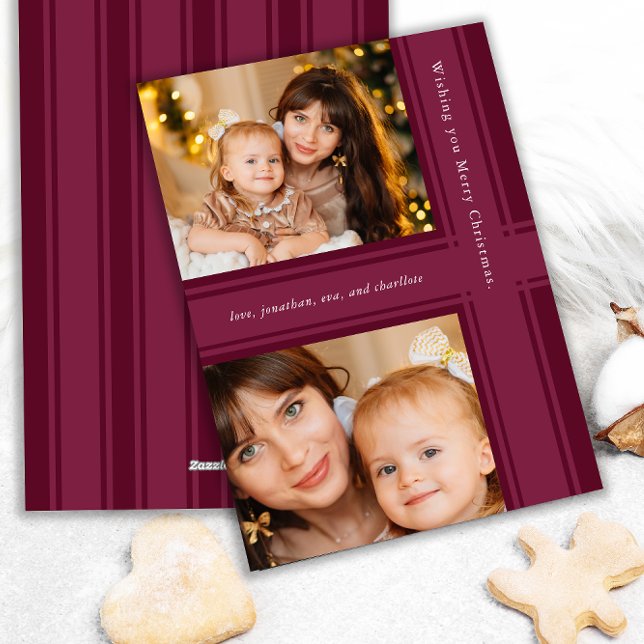 Stylish Ribbons Christmas Purple Magenta Photo Holiday Card (Creator Uploaded)