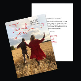 Stylish Romantic Chic Red Script Calligraphy Photo Thank You Card