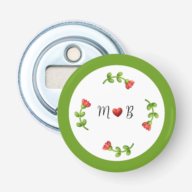 Stylish Romantic Floral Wreath with Heart Initials Bottle Opener (Front)