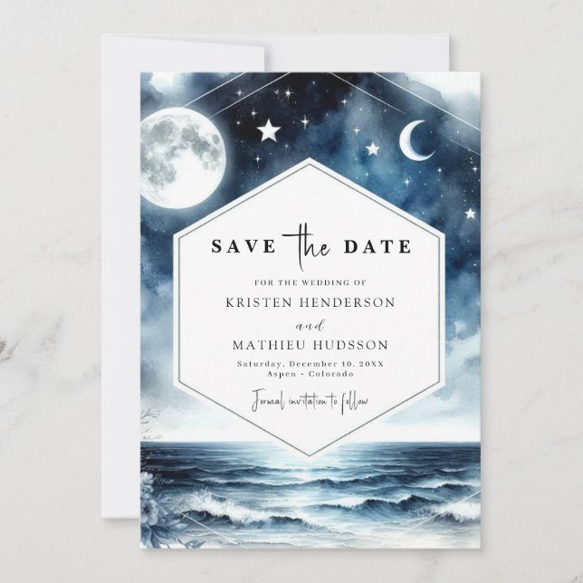 Stylish Romantic Moonlit Wedding Save The Date (Front)