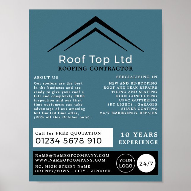 Stylish Roof, Roofer, Roofing Contractor Advert Poster (Front)