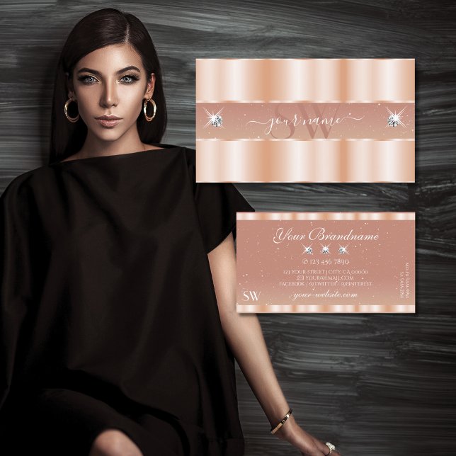 Stylish Rose Coral Sparkle Jewels Monogram Elegant Business Card (Creator Uploaded)