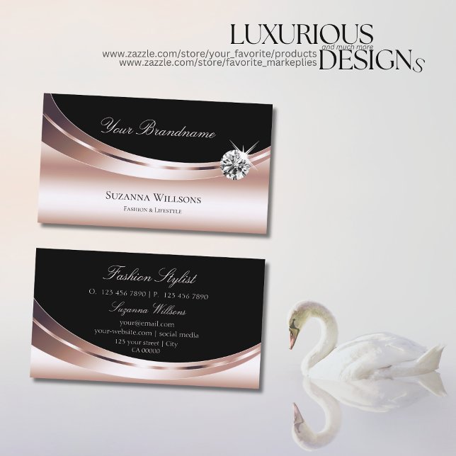 Stylish Rose Gold and Black with Sparkling Diamond Business Card (Creator Uploaded)