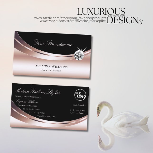 Stylish Rose Gold Black with Logo Sparkle Diamond Business Card (Creator Uploaded)