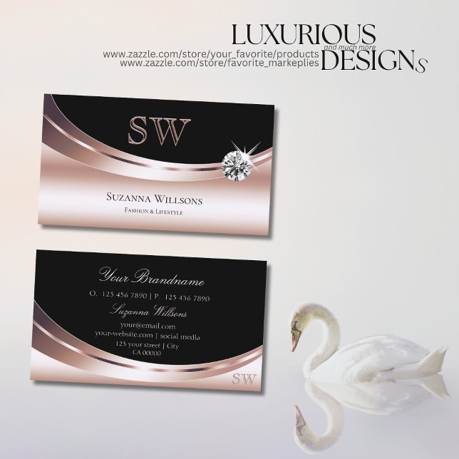 Stylish Rose Gold Black with Monogram and Diamond Business Card (Creator Uploaded)