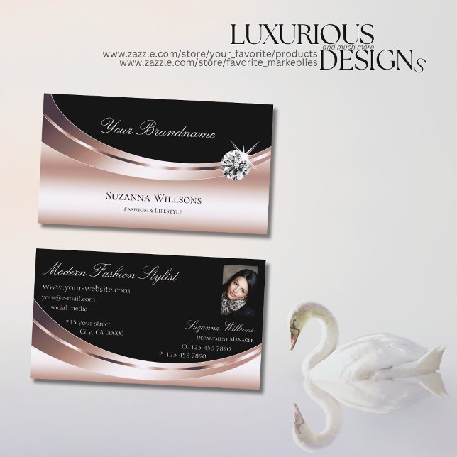 Stylish Rose Gold Black with Photo Sparkle Diamond Business Card (Creator Uploaded)