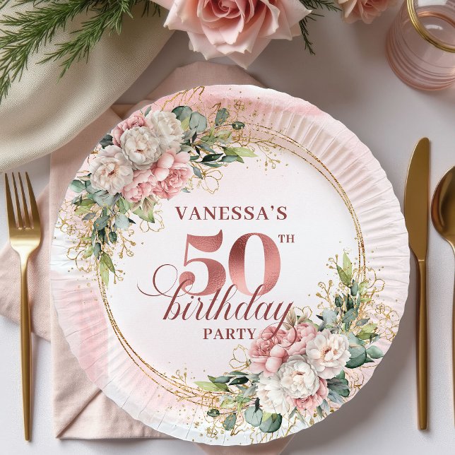 Stylish Rose Gold Blush Peonies 50th Birthday  Paper Plate (Stylish Rose Gold Blush Peonies 50th Birthday Dinner Paper Plates

)