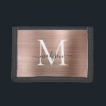 Stylish Rose Gold Brushed Metal Monogram Script Trifold Wallet<br><div class="desc">Stylish Rose Gold Brushed Metal Monogram Script Trifold Wallet</div>