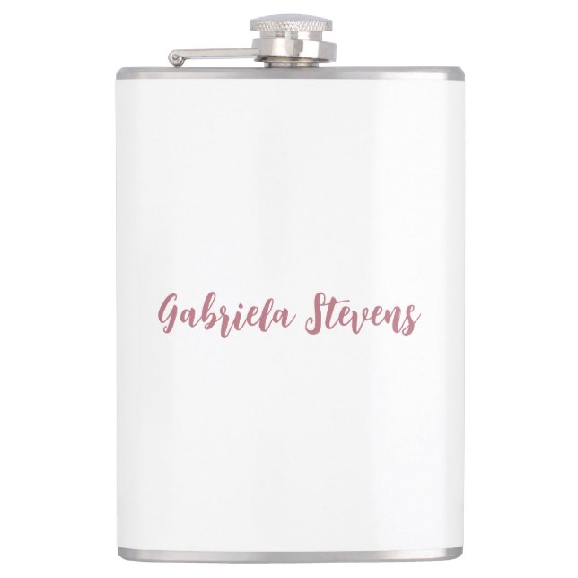 Stylish Rose Gold Calligraphy Name White Hip Flask (Front)