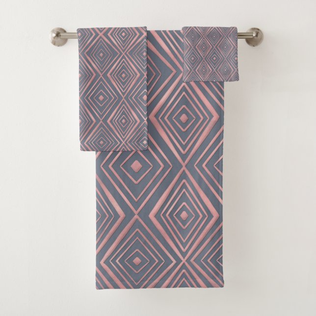 Stylish Rose Gold Diamond Shapes Doodles Grey Bath Towel Set (Insitu)