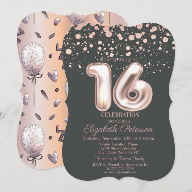 Stylish Rose Gold Dot,Balloons Sweet 16 Invitation (Front/Back)