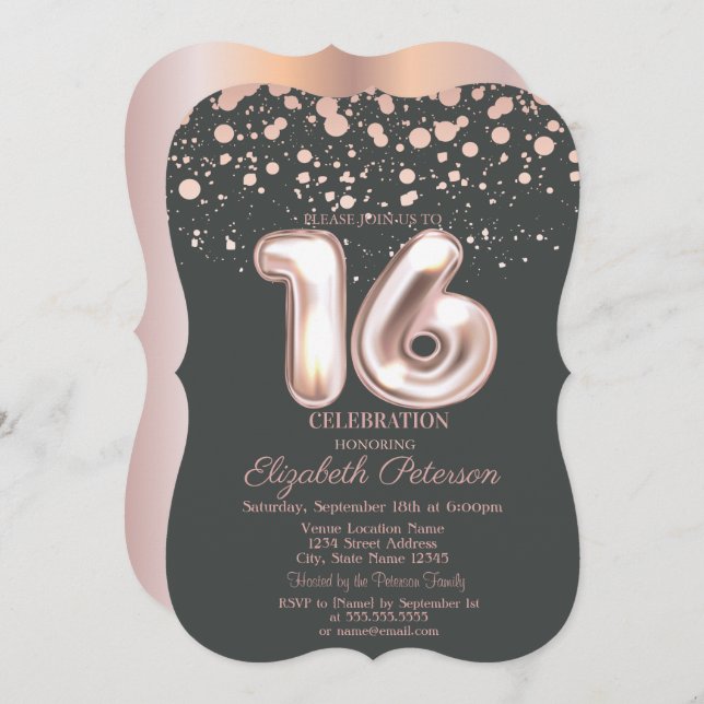 Stylish Rose Gold Dots Grey Sweet 16 Invitation (Front/Back)
