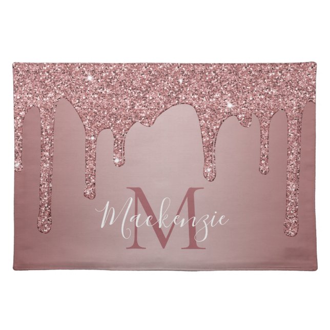 Stylish Rose Gold Dripping Glitter Monogram Placemat (Front)
