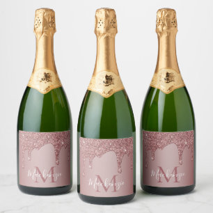 Stylish Rose Gold Dripping Glitter Monogram Sparkling Wine Label