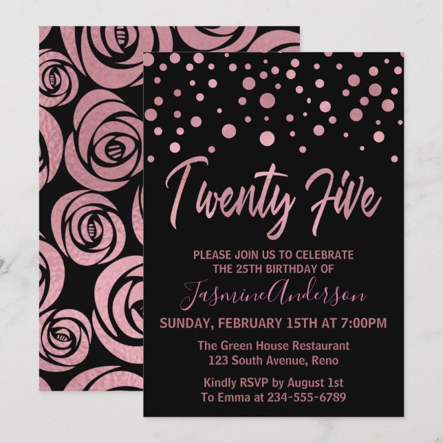 Stylish Rose Gold Faux Foil 25th Birthday Party Invitation (Front/Back)