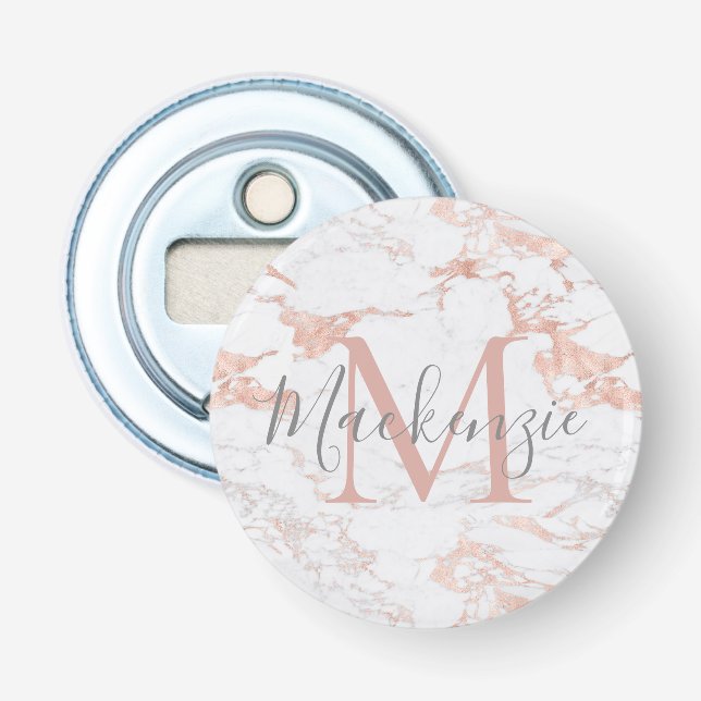 Stylish Rose Gold Foil Marble Monogram Bottle Opener (Front)