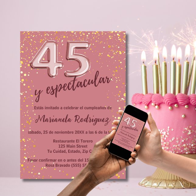 Stylish Rose Gold Glitter 45th Birthday Spanish Invitation (Creator Uploaded)
