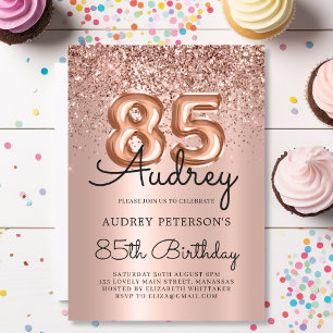 Stylish Rose Gold Glitter Balloon 85th Birthday Invitation