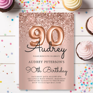 Stylish Rose Gold Glitter Balloon 90th Birthday Invitation