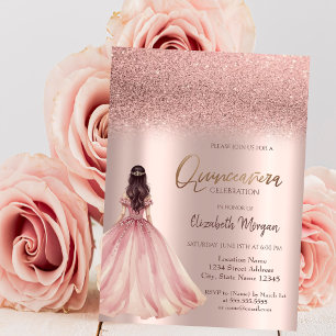 Stylish Rose Gold Glitter Chic Dress Quinceañera Invitation