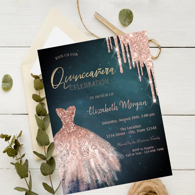 Stylish Rose Gold Glitter Drips Dress Quinceañera  Invitation (Creator Uploaded)