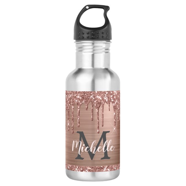 Stylish Rose Gold Glitter Drips Monogrammed  532 Ml Water Bottle (Front)