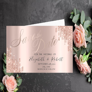 Stylish Rose Gold Glitter Drips Save The Date