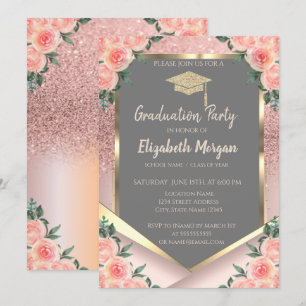 Stylish Rose Gold Glitter Floral Graduation Invitation