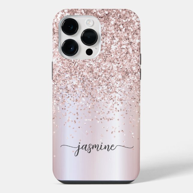 Stylish Rose Gold Glitter Monogram Name Script  iPhone Case (Back)