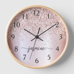 Stylish Rose Gold Glitter Monogram Name Signature Clock