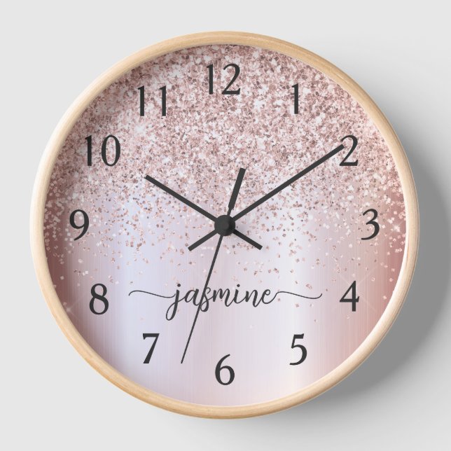 Stylish Rose Gold Glitter Monogram Name Signature Clock (Front)