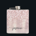 Stylish Rose Gold Glitter Monogram Name Signature  Hip Flask<br><div class="desc">Girly Glam Blush Rose Gold Glitter Metallic Monogram Name Script Custom Personalised Flask. These design featuring your first name in a pretty hand lettered style swash tail font signature typography on blush pink rose gold faux metallic foil with glam sparkle glitter border. These are easy to customise it. Great stylish...</div>