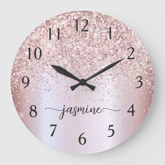 Stylish Rose Gold Glitter Monogram Name Signature Large Clock (Front)