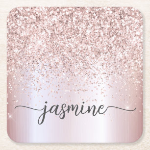 Stylish Rose Gold Glitter Monogram Name Signature  Square Paper Coaster