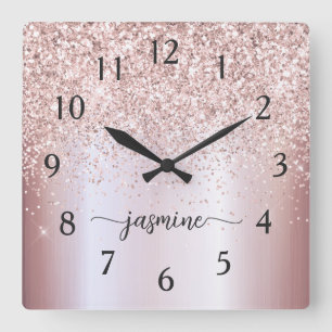 Stylish Rose Gold Glitter Monogram Name Signature Square Wall Clock