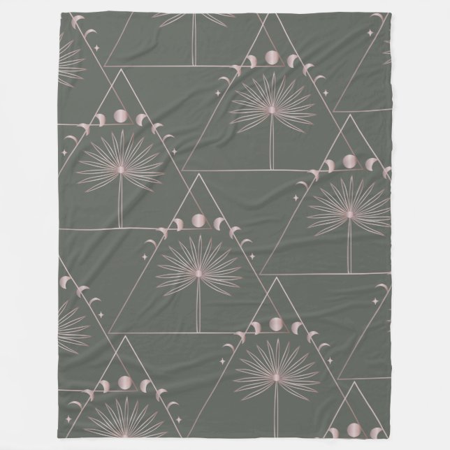 Stylish Rose Gold Grey Palm Leaf Moon Phases Art  Fleece Blanket (Front)