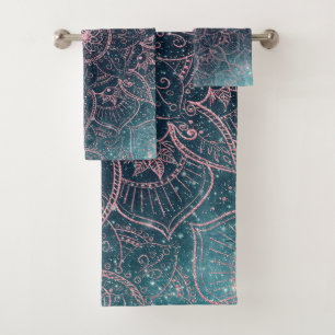 Stylish Rose Gold Mandala Blue Nebula Stars Bath Towel Set