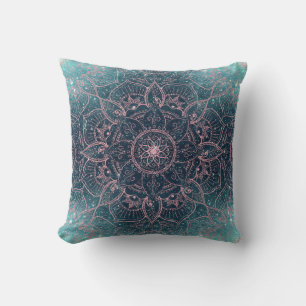 Stylish Rose Gold Mandala Blue Nebula Stars Cushion