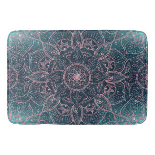 Stylish Rose Gold Mandala Blue Nebula Stars Design Bath Mat
