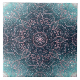 Stylish Rose Gold Mandala Blue Nebula Stars Design Ceramic Tile
