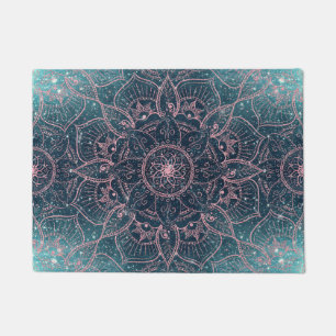 Stylish Rose Gold Mandala Blue Nebula Stars Design Doormat