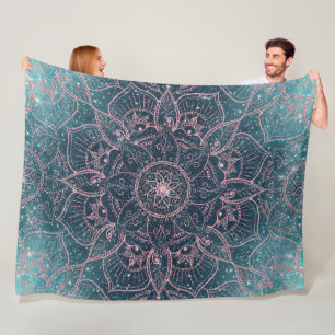 Stylish Rose Gold Mandala Blue Nebula Stars Design Fleece Blanket