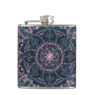 Stylish Rose Gold Mandala Blue Nebula Stars Hip Flask