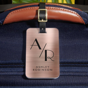 Stylish Rose Gold Metal Two Monogram Initial Luggage Tag